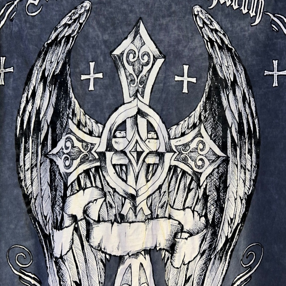 Raw State Premium Mens Sz Large Royalty Graphic T-Shirt V-Neck Y2K Cross Wings - Picture 9 of 11